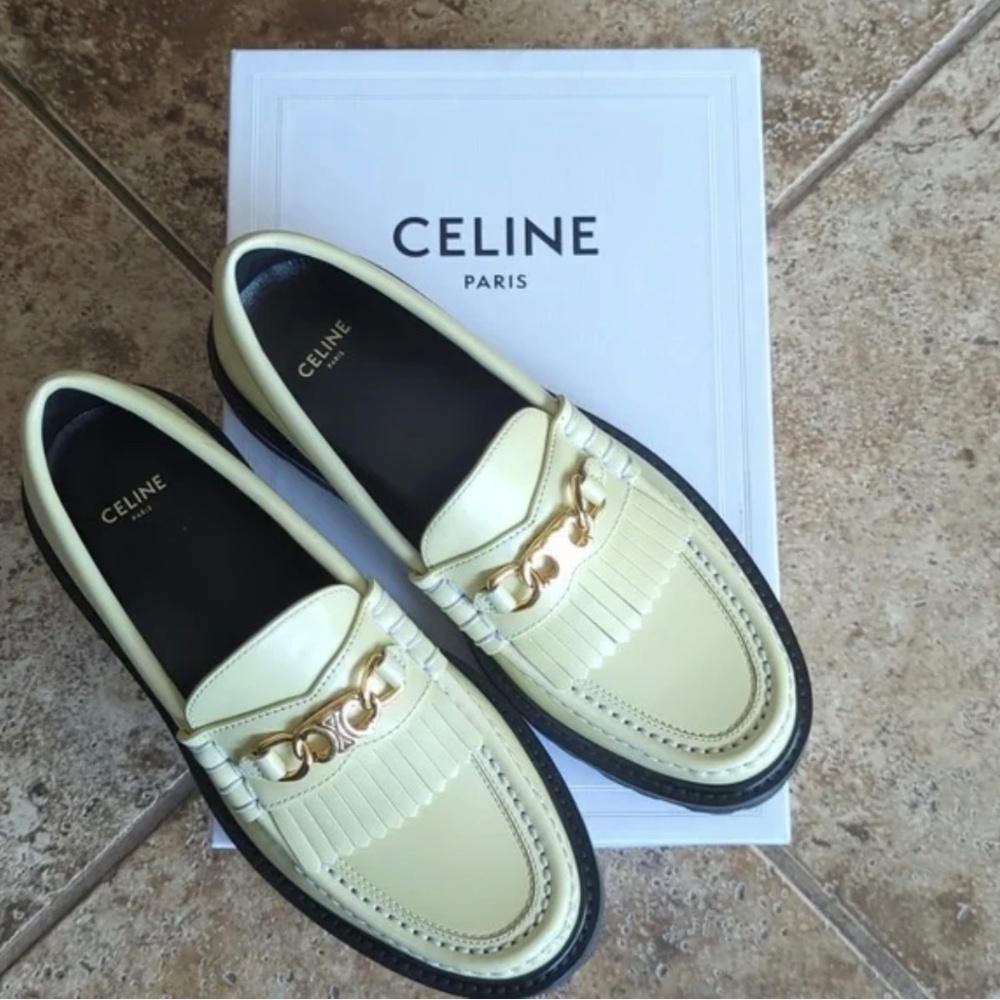 Celine Pale Yellow Leather Fringe Loafers with Gold Chain - Picture 1 of 5